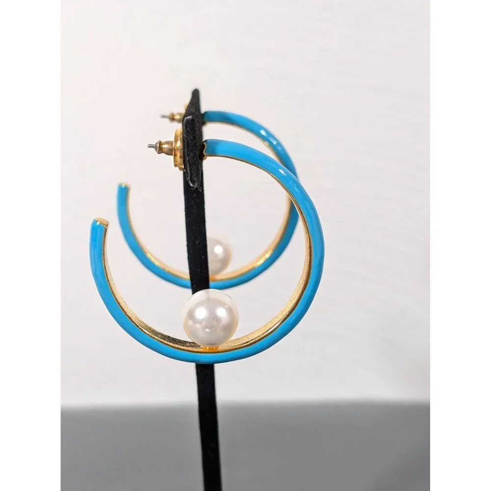 Turquoise Blue Enamel Hoop Earrings Faux Pearl Signed Kenneth Lane‎ - Picture 4 of 10